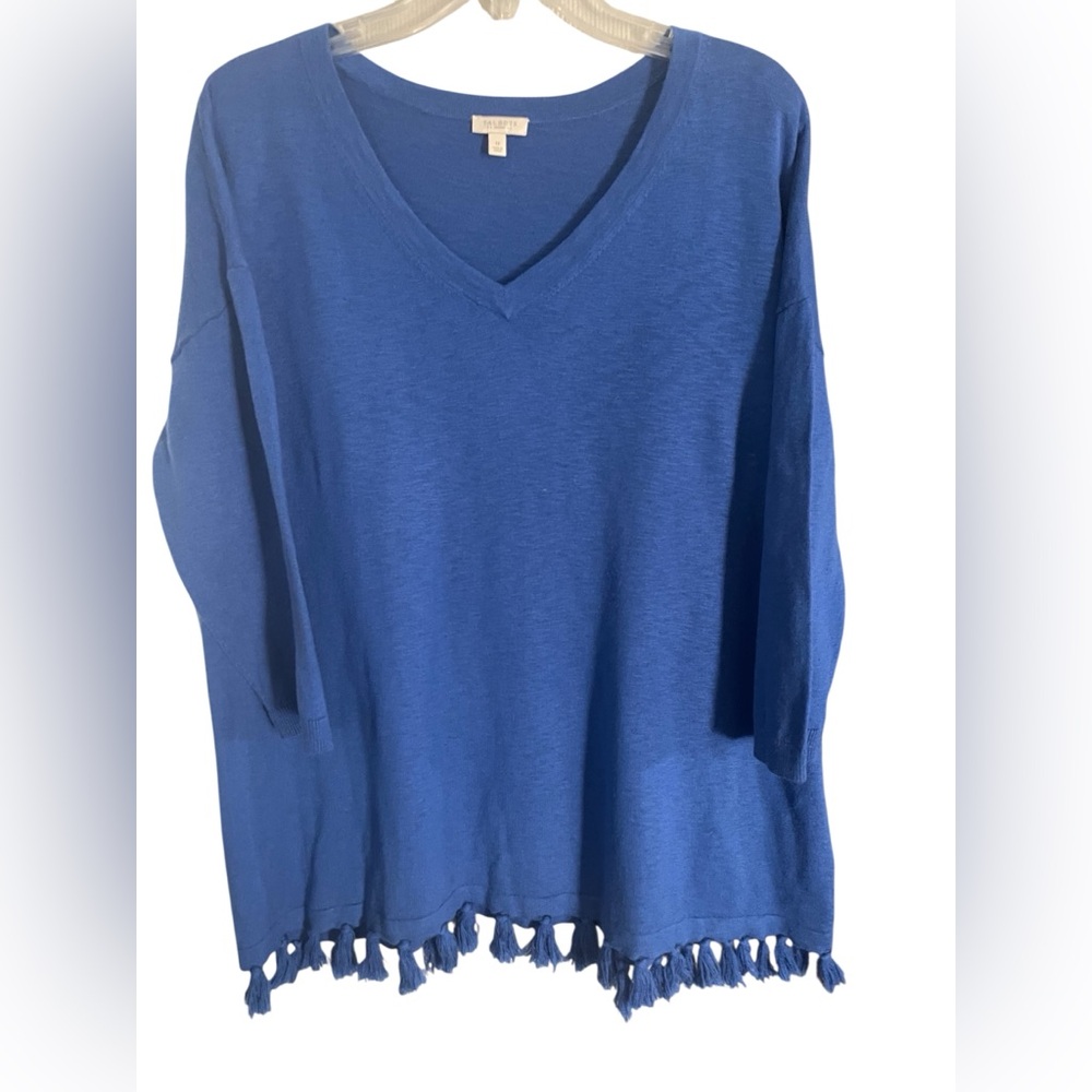 Talbots Women’s size 1X Blue Long Sleeve V-Neck Top with Tassel Hem Plus size